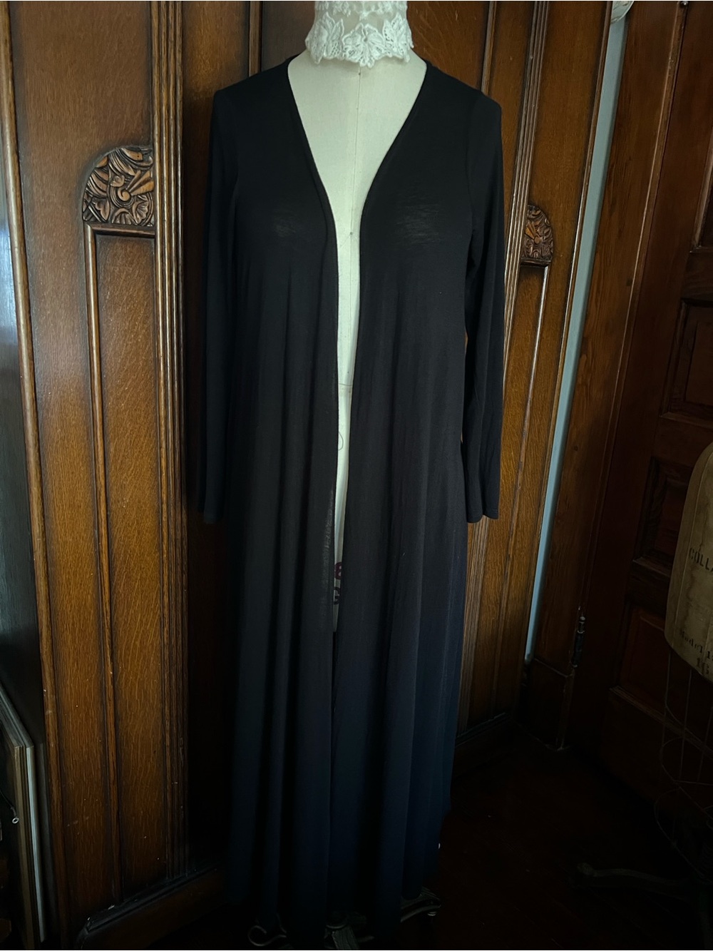 Crowned Free Ethically Made Long Black Open-Front Duster w/Open Back Size M
